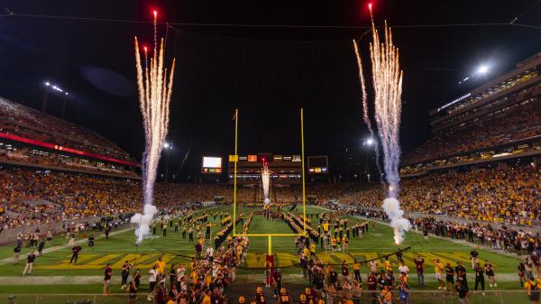 Image of Mountain American Stadium with fireworks on the field. 