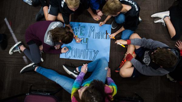 GLENDALE - January 18, 2017 - ASU Now - West Campus - Professor Amanda Vickery leads students in creating posters during the annual March on West event in honor of Martin Luther King Jr. Wednesday morning on January 18th, 2017. Photo by Deanna Dent/ASU Now